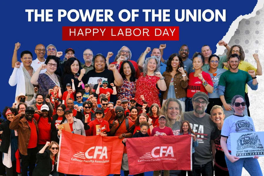Diverse group of union members raising fists in solidarity celebrating Labor Day with CFA banners.