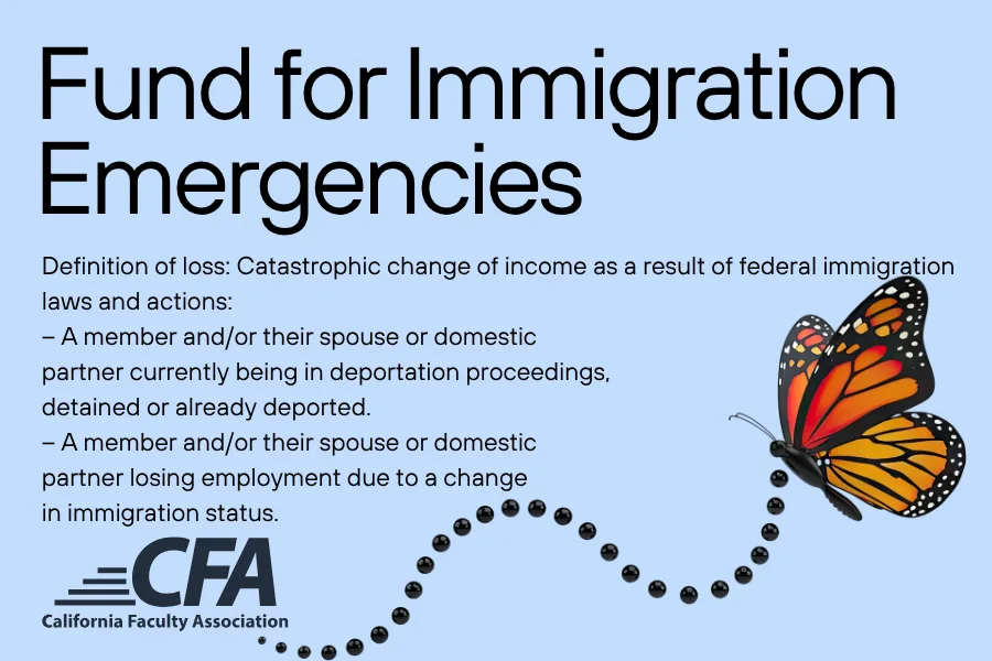 Text on blue background with CFA logo and monarch butterfly image. Fund for Immigration Emergencies offering support for income loss due to deportation or employment changes in immigration status.