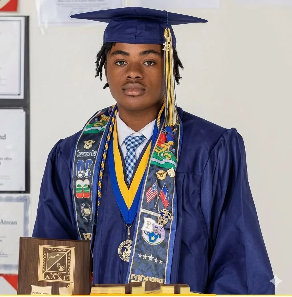 Young man in navy blue graduation gown and cap with gold tassel, wearing multiple honor cords and a decorated stole, holding an award plaque.