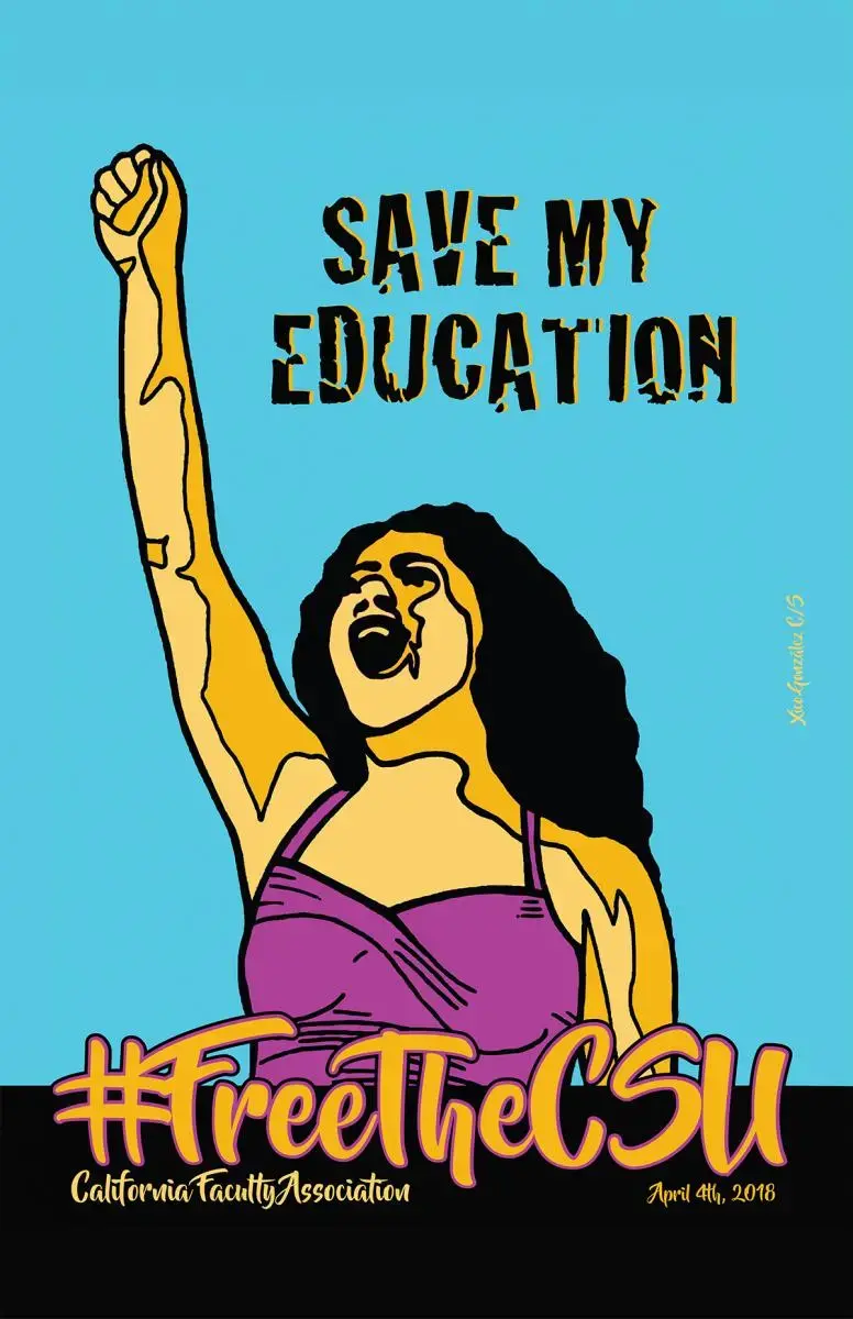 “Save My Education” poster by Xico González of Sol Collective, a young woman with her fist in the air.