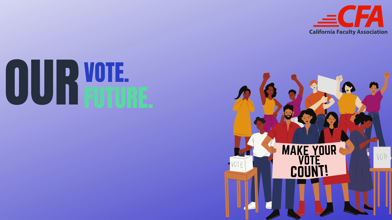 Lavendar background with agroup of people holding a sign saying "Make your Vote count"