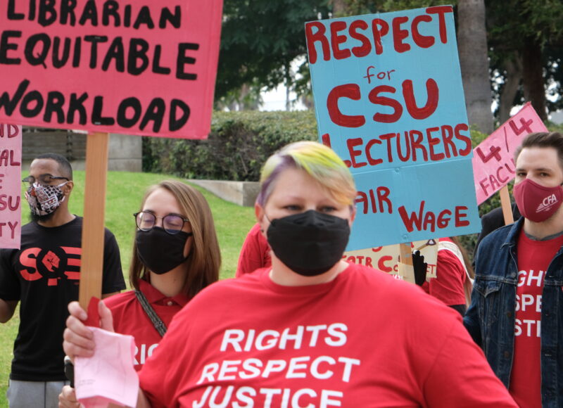 image with text of faculty members rallying for a new contract with CSU