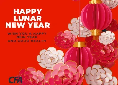 Red background with paper flowers and lanterns. Text saying "Happy Lunar New Year. Wish you a happy new year and good health."
