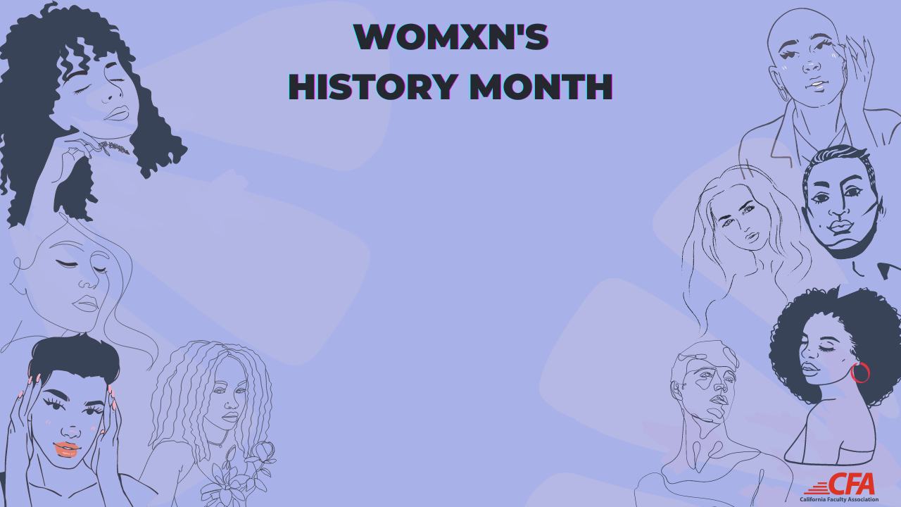 Yellow background with silhouette faces with the text ”Womens History Month
March 2022” 