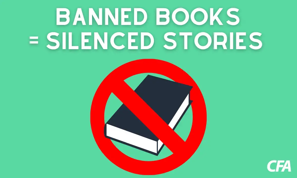 Graphic of banned books on a green background