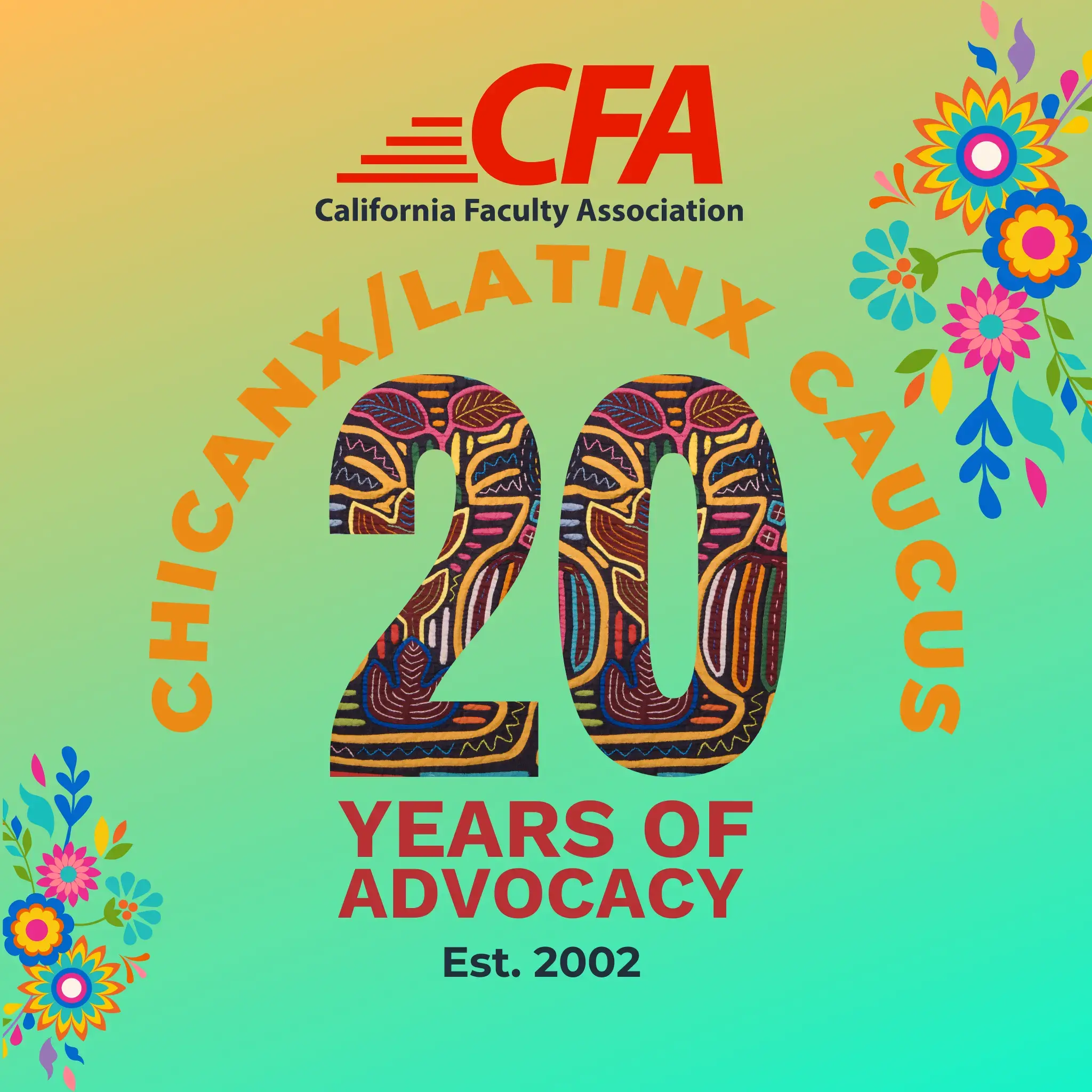 Image with colorful background and text saying 20 years of advocacy