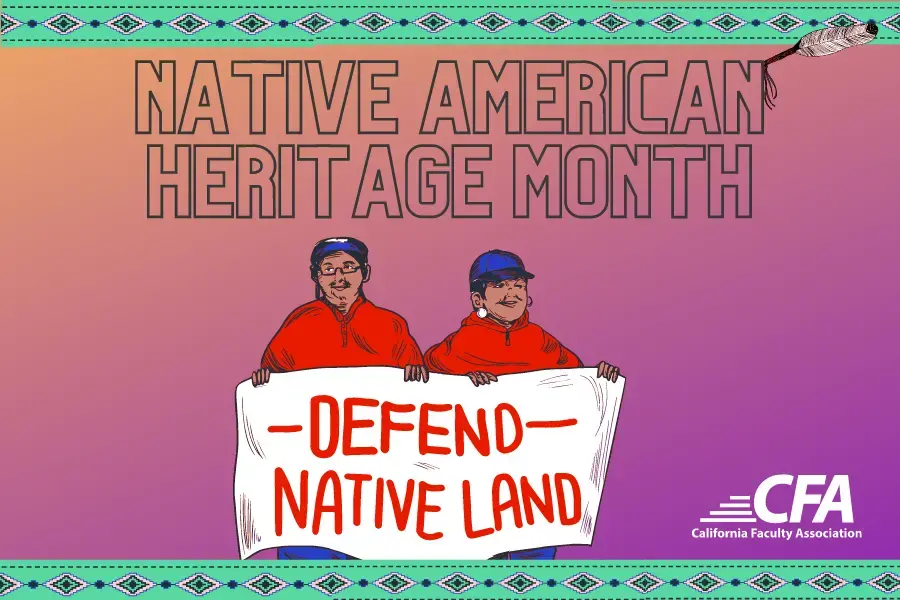 Graphic of 2 people standing with a banner saying " Defend Native Land"