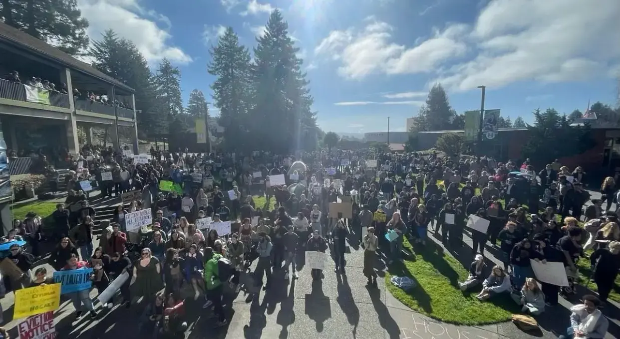 Groups of people with signs outdoors