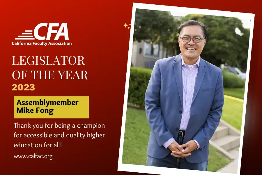 Graphic of Assemblymember Mike Fong on a red background with text reading Legislator of the year