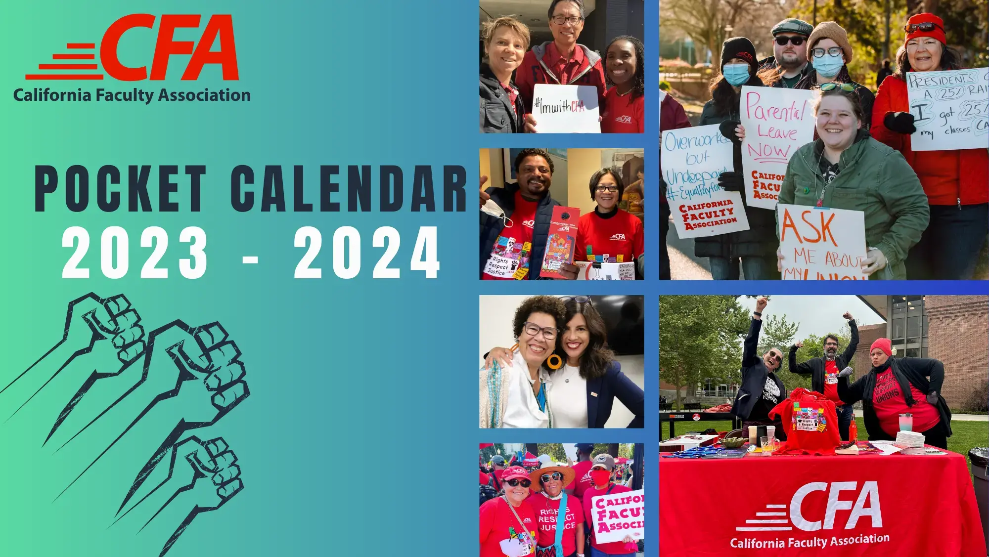 Cover artwork for the 2021-22 pocket calendar includes groups of CFA members and a member holding a sign saying "Equality for All."