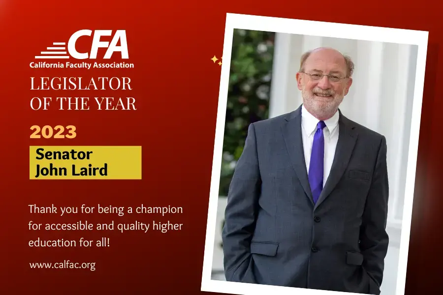 Graphic of senator Laird on a red background with text reading Legislator of the year