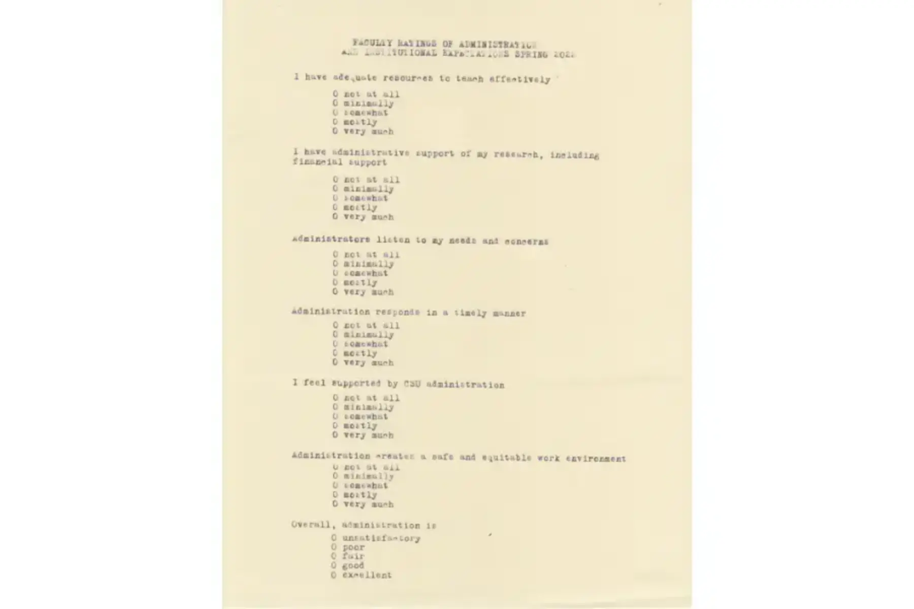 White background with yellowing piece of paper in the middle. Black typewriter-like text header reads Faculty Ratings of Administration and Institutional Expectations Spring 2022. Six sections feature statements and then five choices: not at all, minimally, somewhat, mostly, and very much. First statement reads I have adequate resources to teach effectively. Second statement reads I have administrative support of my research, including financial support. Third statement reads Administrators listen to my needs and concerns. Fourth statement reads Administration responds in a timely manner. Fifth statement reads I feel supported by CSU administration. Sixth statement reads Administration creates a safe and equitable work environment. A seventh statement reads Overall, administration is unsatisfactory, poor, fair, good, excellent.
