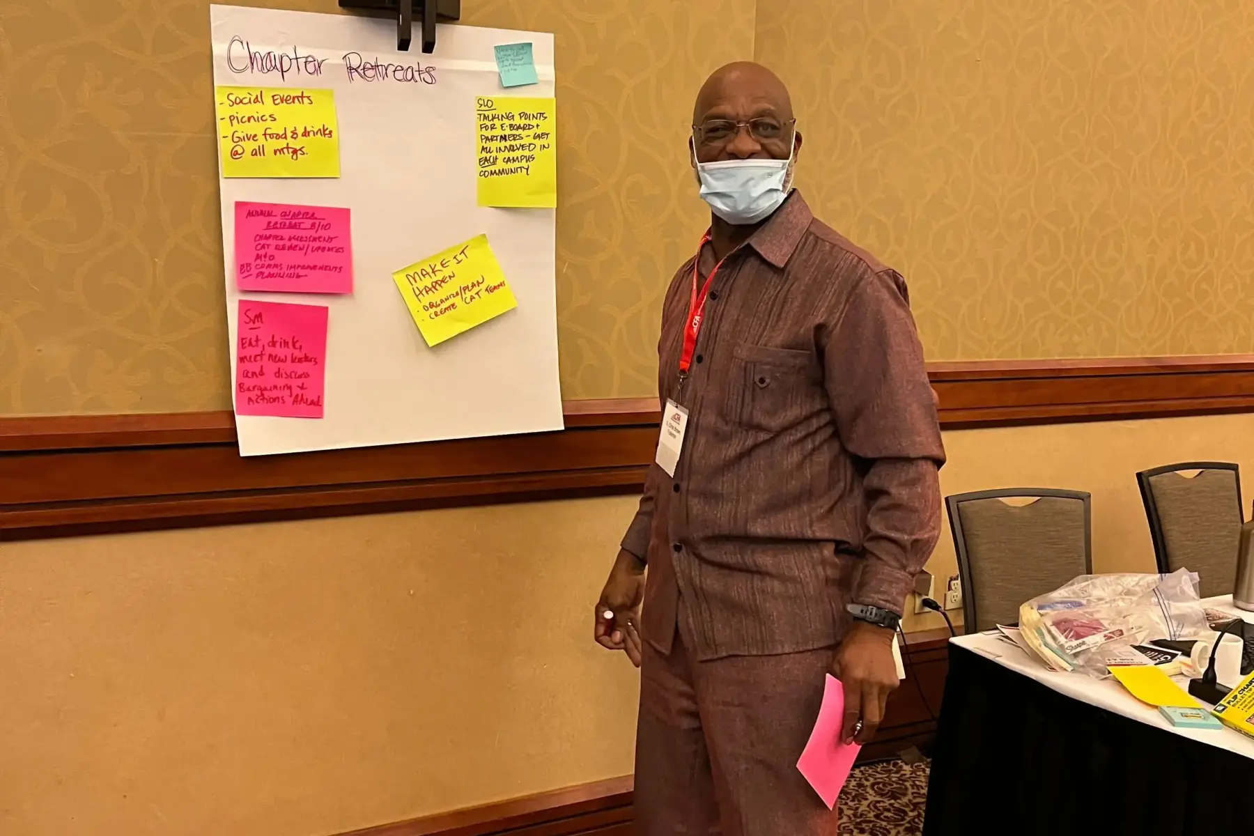 A man in brown suit participating in a group activity