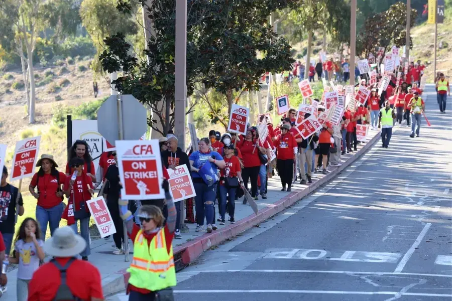 A group of hundreds of picketers are marching down a street.