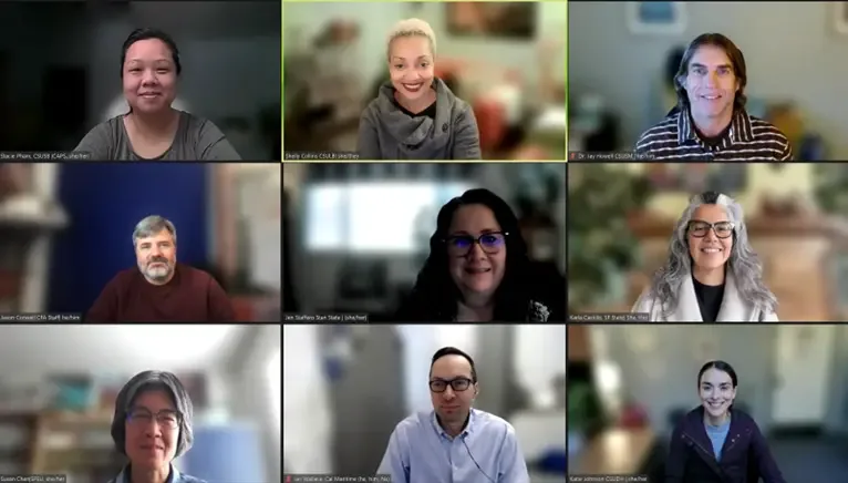 Photo of a virtual meeting with nine rectangle boxes showing nine people with their backgrounds blurred.
