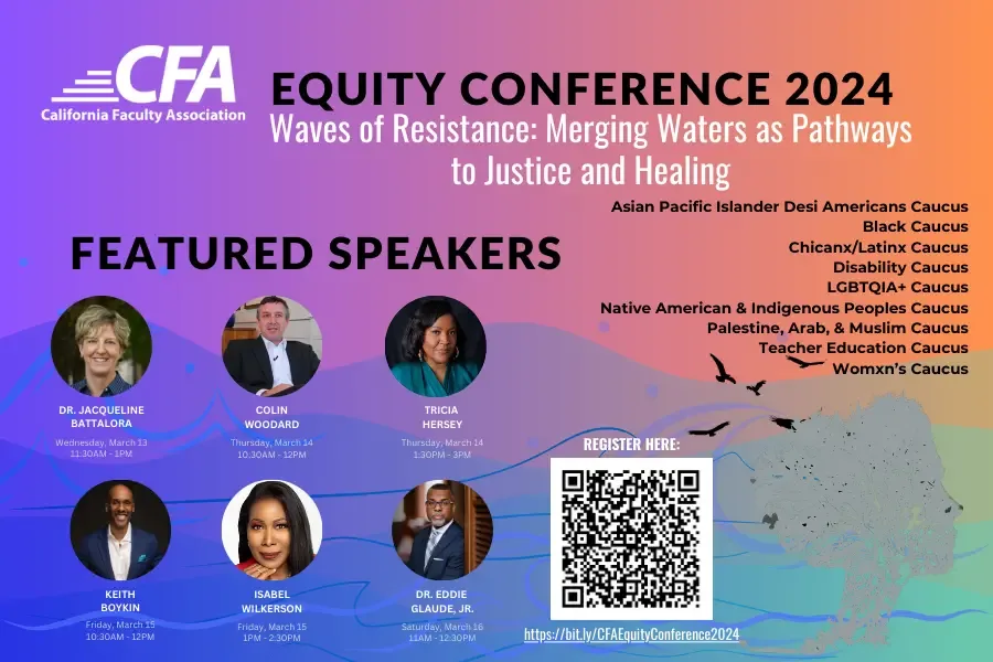 Equity Conference registration information, including photos of speakers, list of caucuses, and link to register.