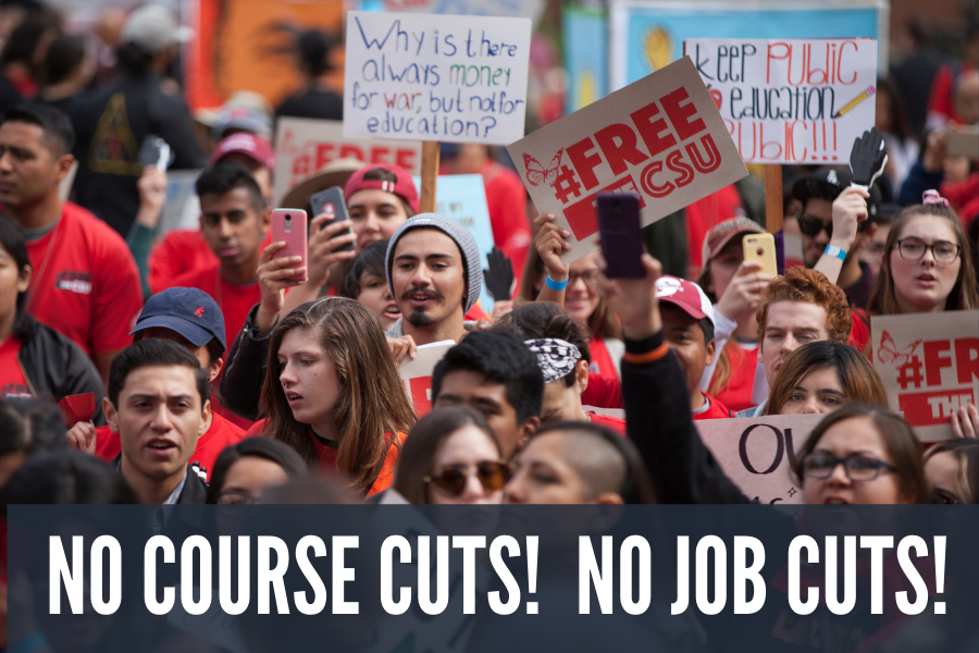 a crowd of people outside with signs saying No Course Cuts!