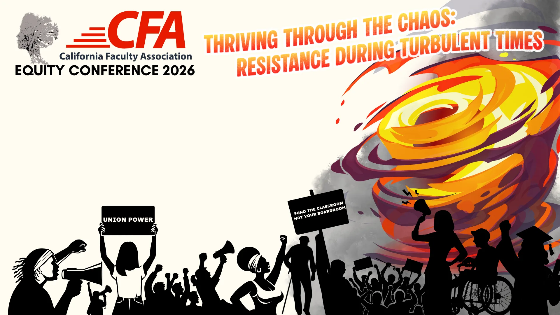 Silhouetted protesters holding signs and megaphones face a large swirling storm, symbolizing resistance during turbulent times at the CFA Equity Conference 2026.