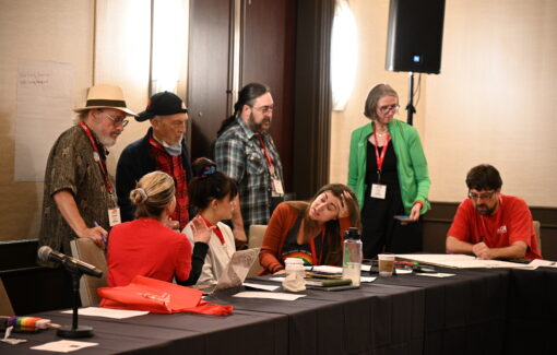 a group of people discussing