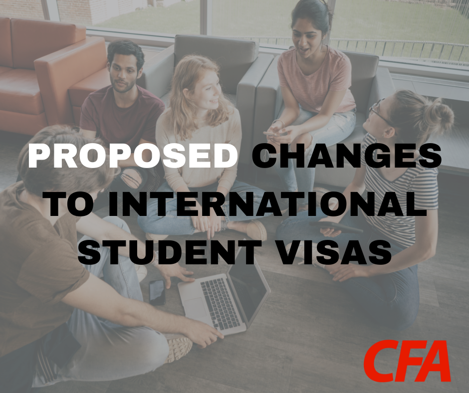 a group of students in the background and overlay text says PROPOSED CHANGES TO INTERNATIONA STUDENT VISAS.