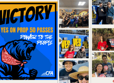 a photo collage of yes on prop 50 canvassing