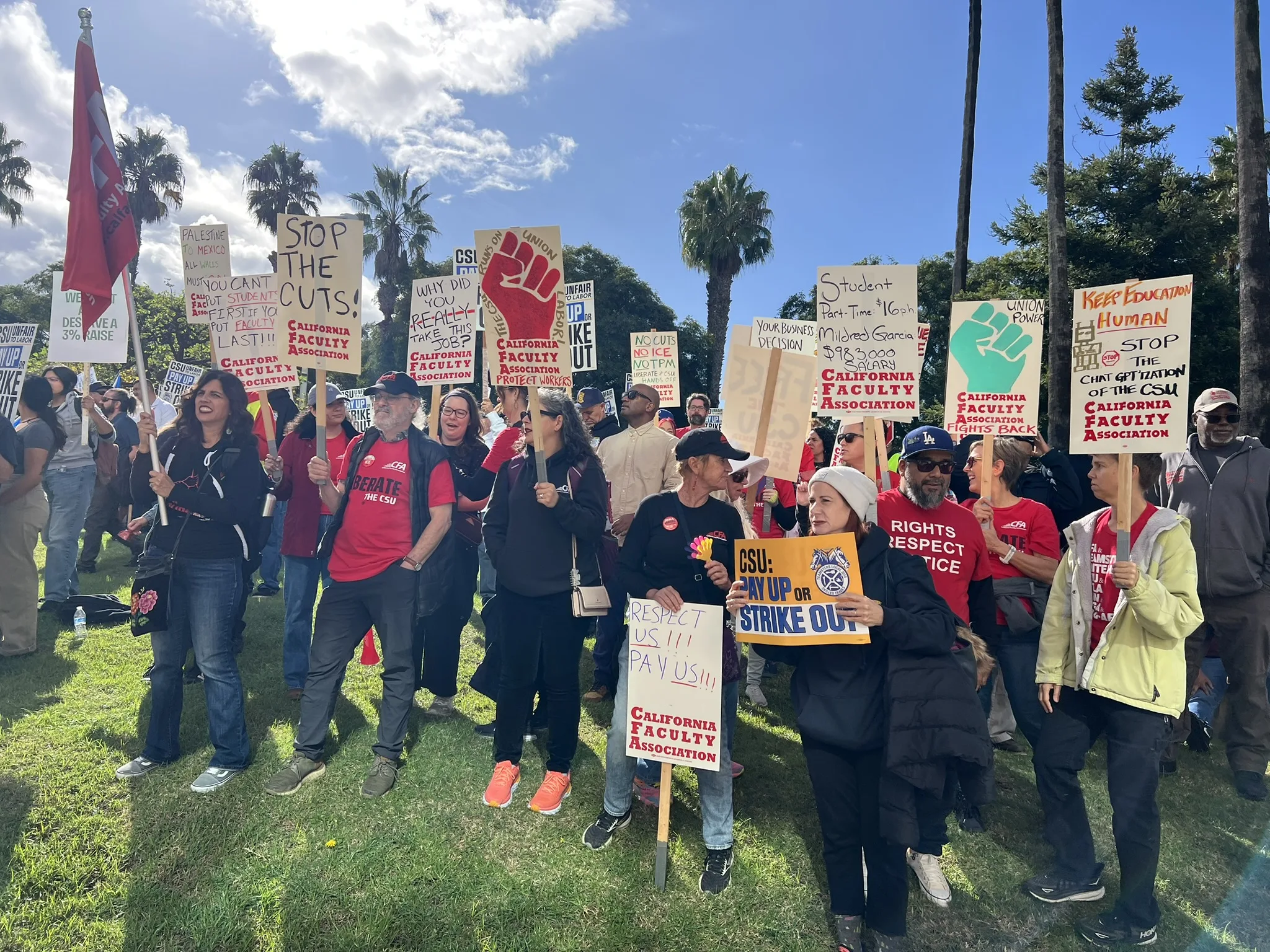 CFA members and allies outside the CSU Board of Trustees meeting rallying