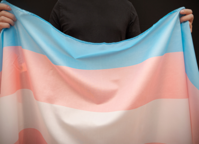 A person in a black tshirt holds the Trans flag