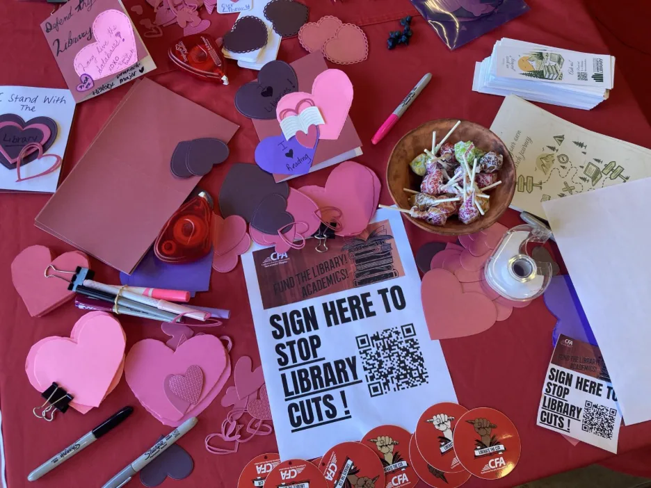 A flyer about Funding Sac State Library Petition with hearts and stickers