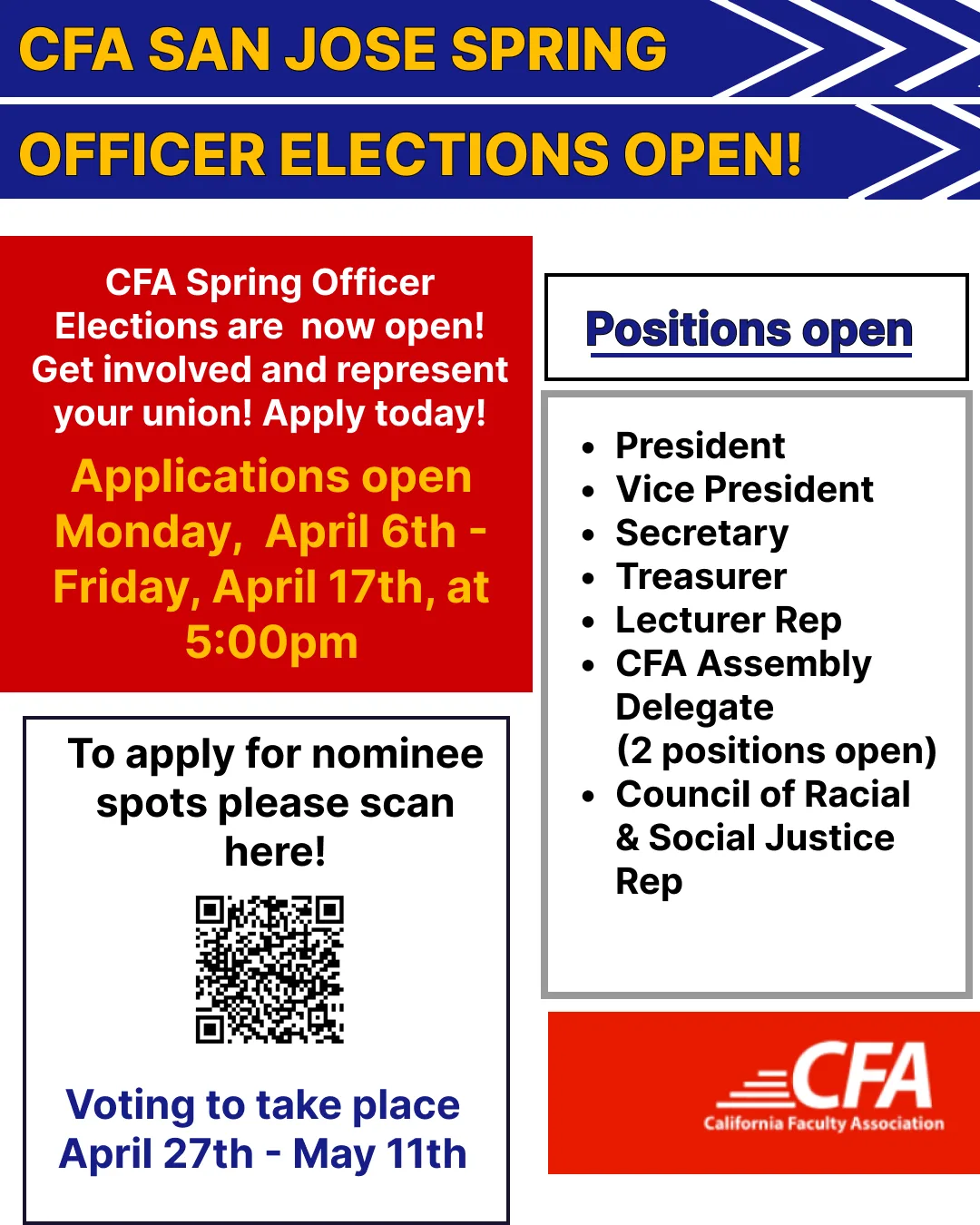 elections flyer stating positions and Elections dates for San Jose CFA Chapter.