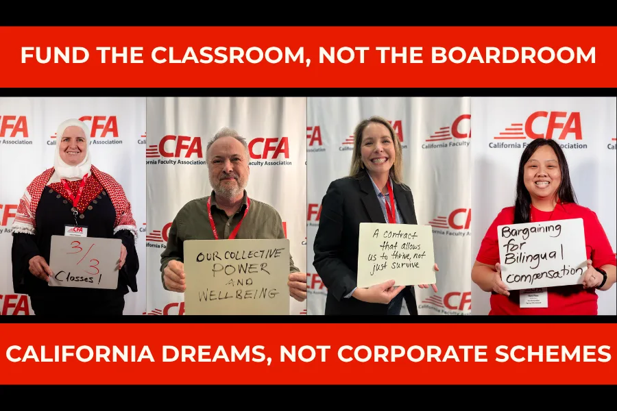 Faculty hold up white boards on what they are bargaining for. 