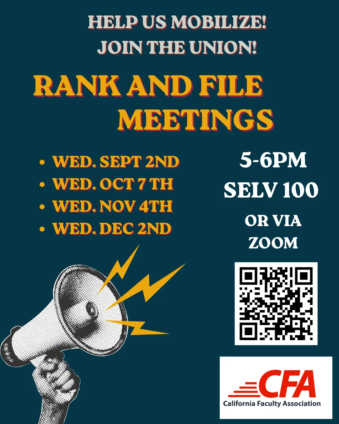 Informational flyer on rank and file meetings throughout the Fall semester of 2026. QR Code added with access to the zoom meeting room.