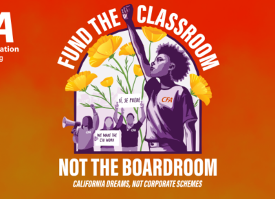 Fund the Classroom, Not the Boardroom banner on an orange hue