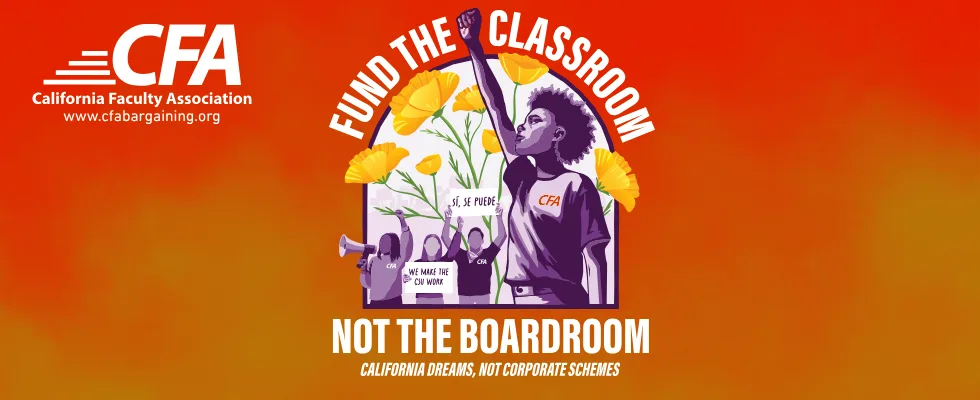 Fund the Classroom, Not the Boardroom banner on an orange hue