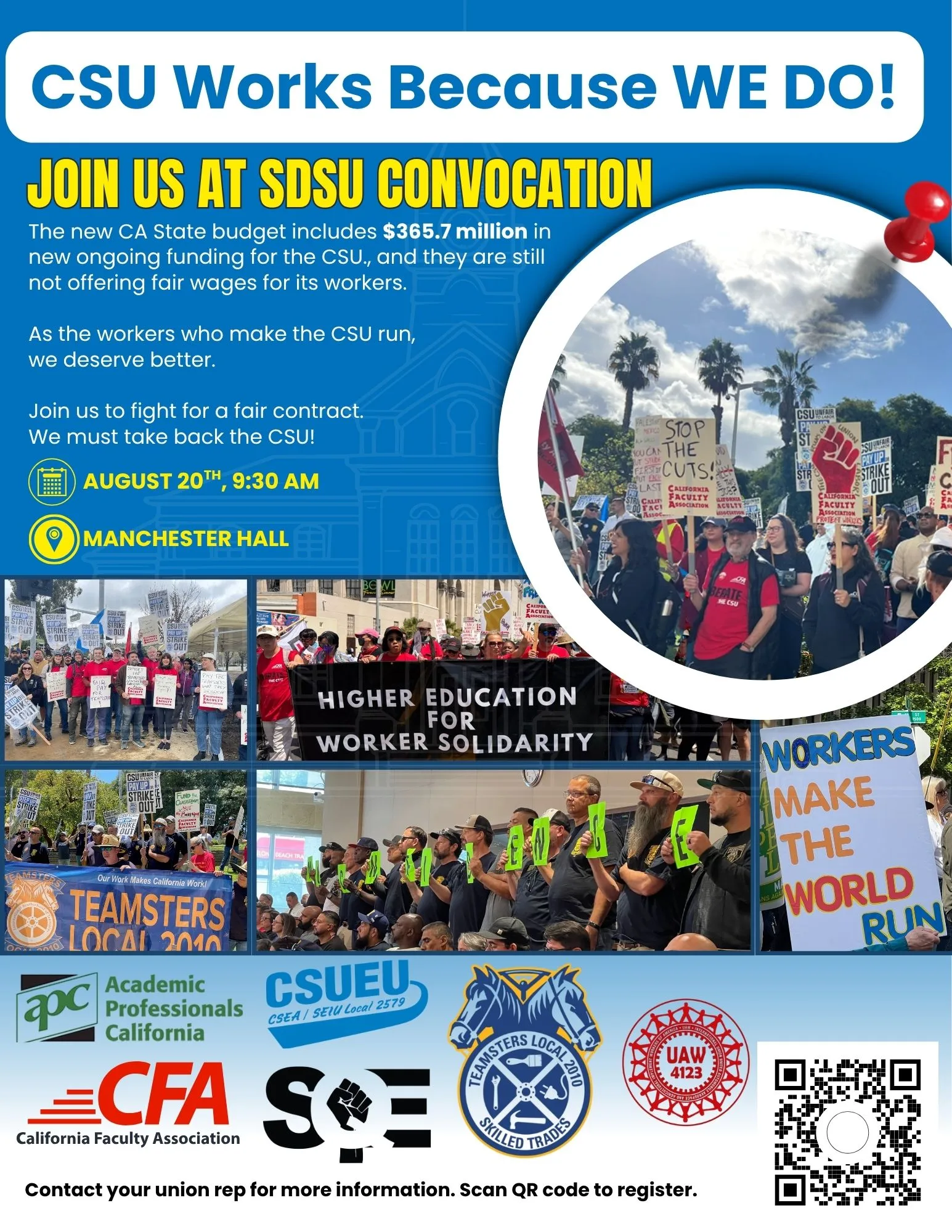 CFA SDSU flyer for a rally to fight against a fair contract with images of people holding signs on a blue background. Date is August 20th at 9:30am. Location is Manchester Hall.