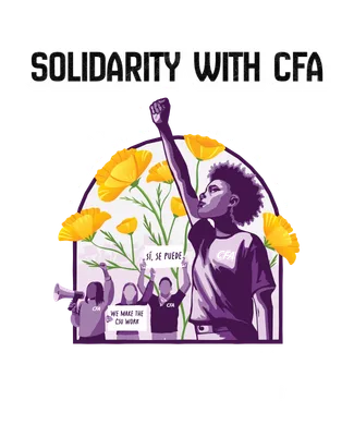 Illustration of a raised fist and protesters with signs reading 'Sí, se puede' and 'We make the CFA work' advocating to fund classrooms over boardrooms on a red and orange hue background pledge