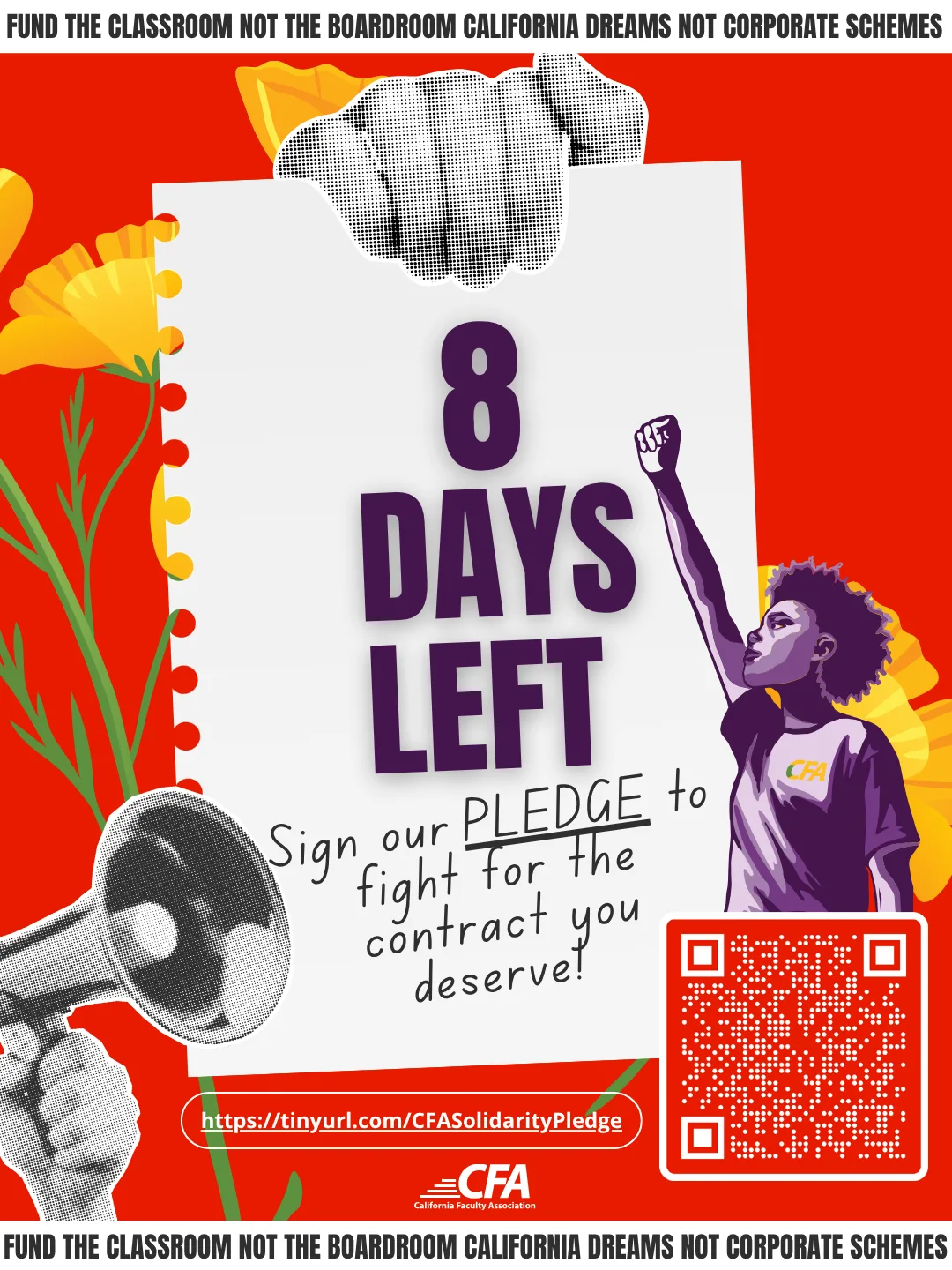 Hand holding a sign reading '8 DAYS LEFT' urging to sign a pledge for a fair contract, with a raised fist figure and a megaphone on a red background.
