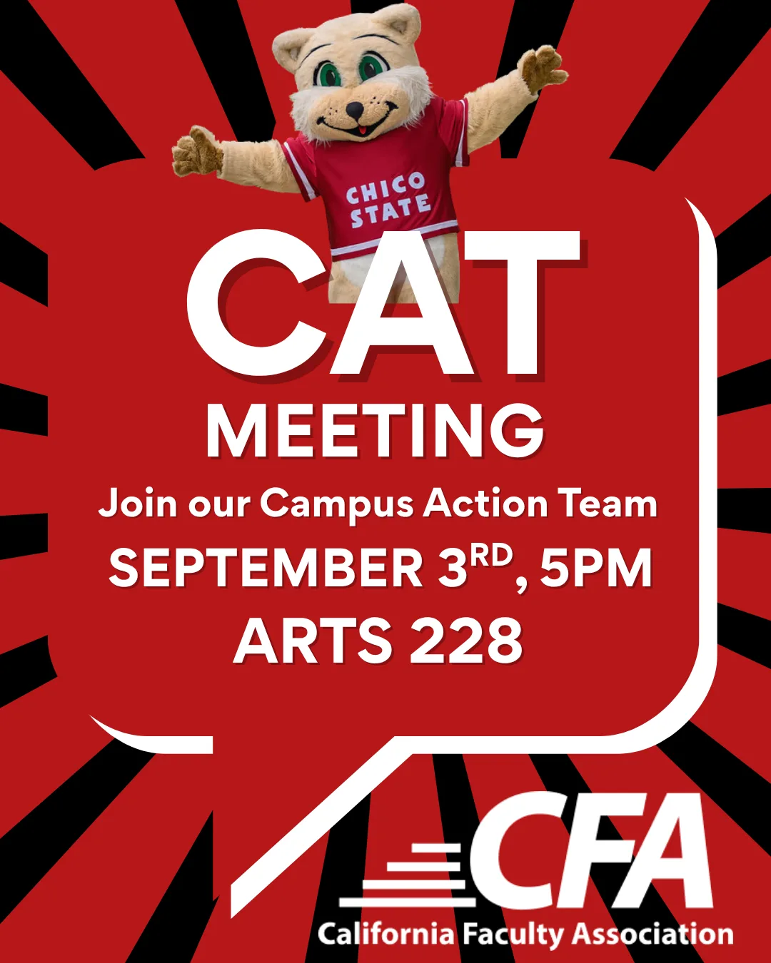 Campus Action Team meeting flyer with Willie the Wildcat. The meeting is on Thursday, Sept 3rd at 5pm. Location ARTS 228