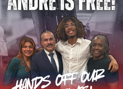 Four people smiling together with text proclaiming CSU Northridge student Andre's freedom and a call to protect students by the California Faculty Association.