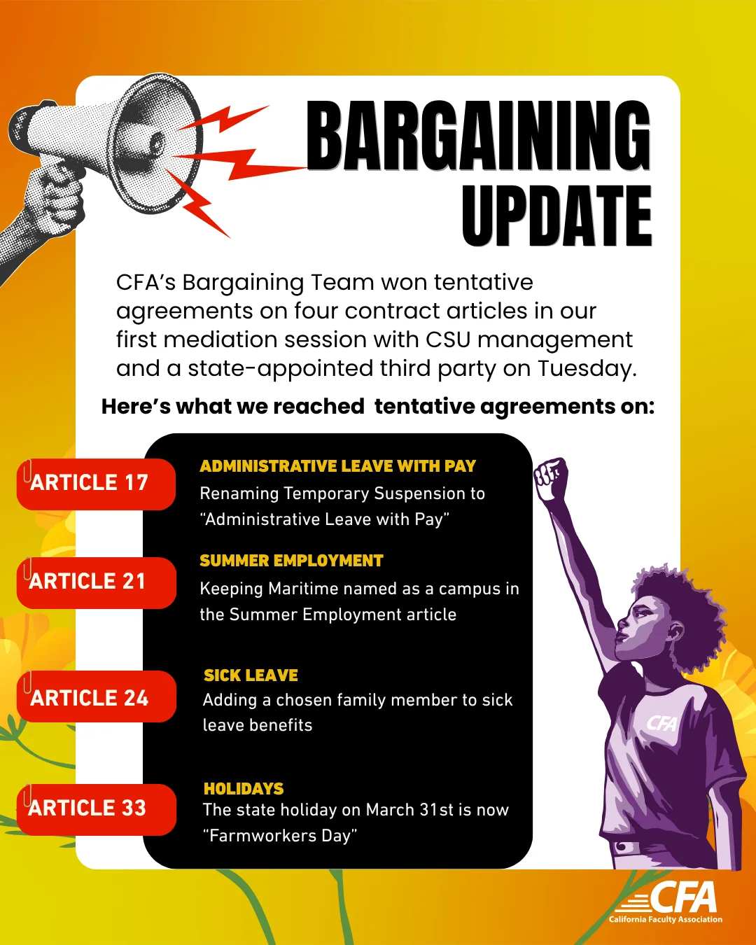 CFA announces tentative agreements on contract articles including administrative leave with pay, summer employment, sick leave, and holidays.