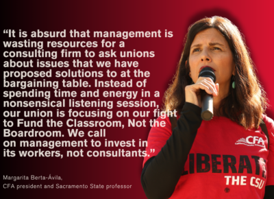 CFA President Margarita in red CFA shirt speaking into microphone about union priorities and management resource use. Text on red contrasted background reads "It is absurd that management is wasting resources for a consulting firm to ask unions about issues that we have proposed solutions to at the bargaining table. Instead of spending time and energy in a nonsensical listening session, our union is focusing on our fight to Fund the Classroom, Not the Boardroom. We call on management to invest in its workers, not consultants.”