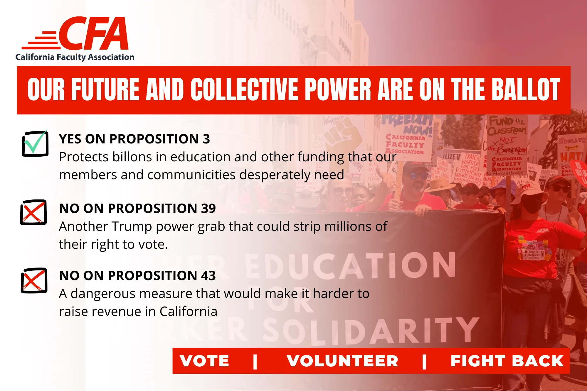 California Faculty Association urges voting yes on Proposition 3 to protect education funding and no on Propositions 39 and 43 to defend voting rights and revenue.
