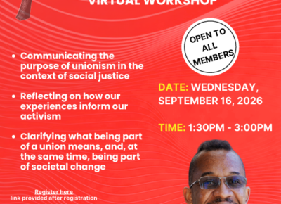 Virtual workshop poster titled 'We See Us: Social Justice Unionism' with event details and a photo of facilitator Chris Cox.