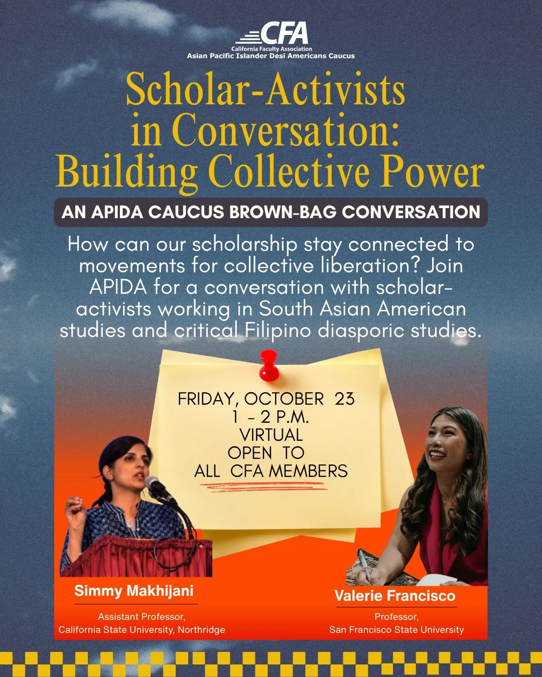Virtual event flyer for APIDA Caucus Brown-Bag Conversation on scholar-activists in South Asian and Filipino diasporic studies, October 23, 1-2 PM, open to CFA members.