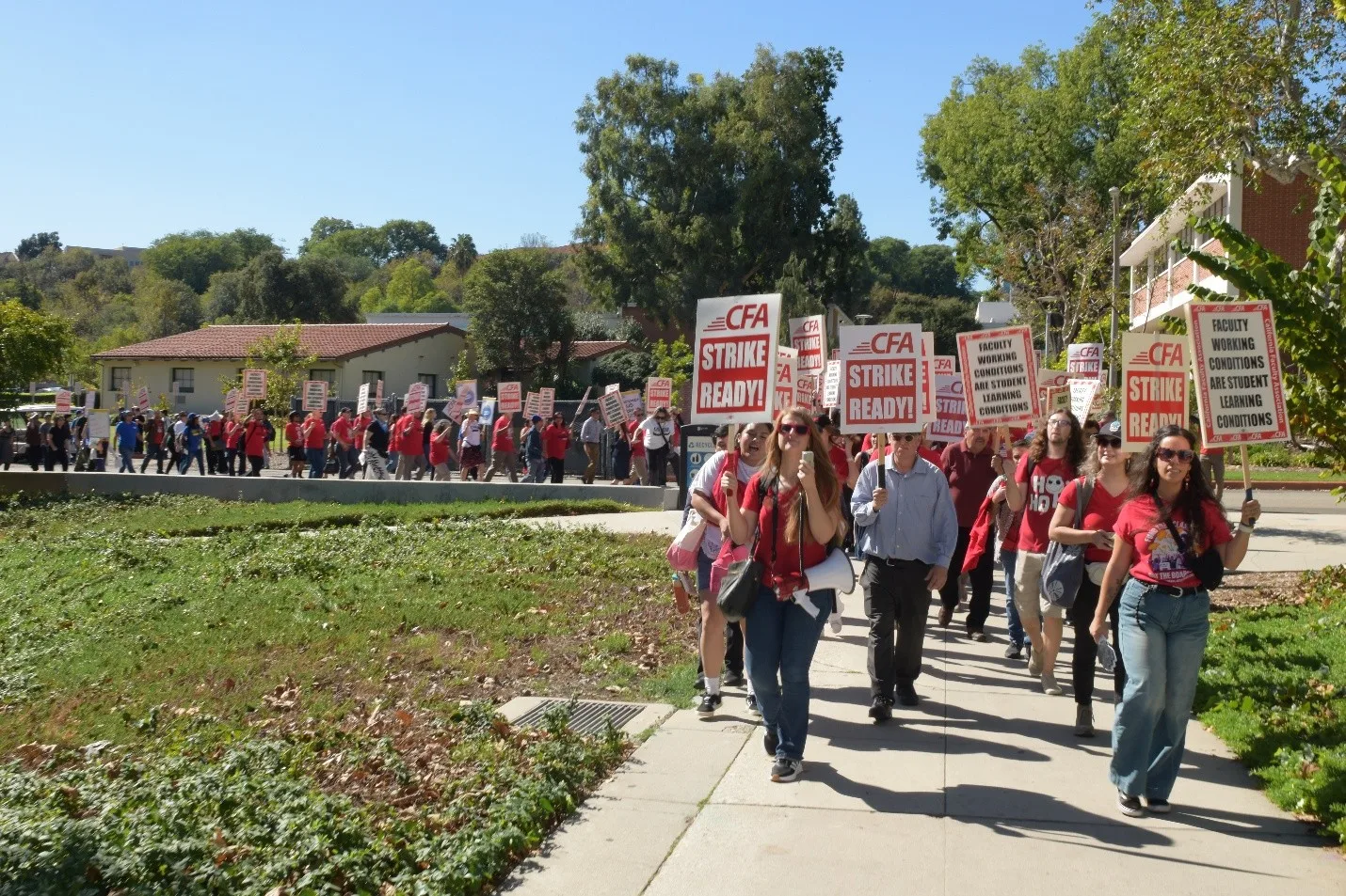 A group of people marching together.