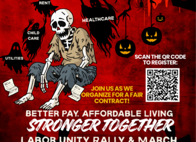 A Halloween themed poster featuring a skeleton and ghouls.