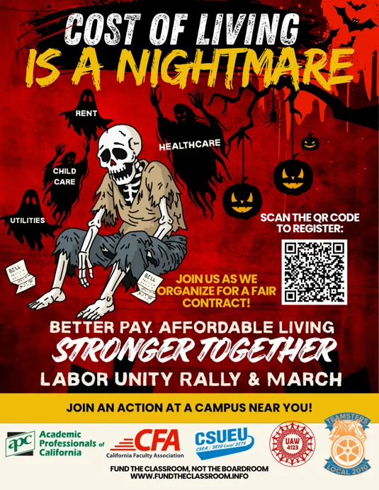 A Halloween themed poster featuring a skeleton and ghouls.